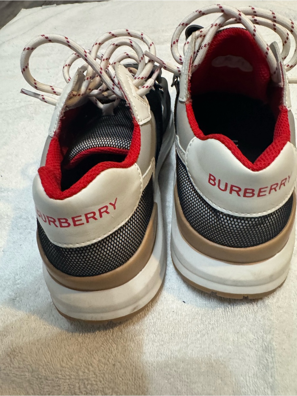 Burberry White, Black & Red Men’s Mesh Leather Sneakers